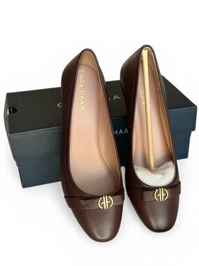 Cole Haan Malta Leather Wedge Bloodstone Brown Ballet Pumps Gold Logo on Bow